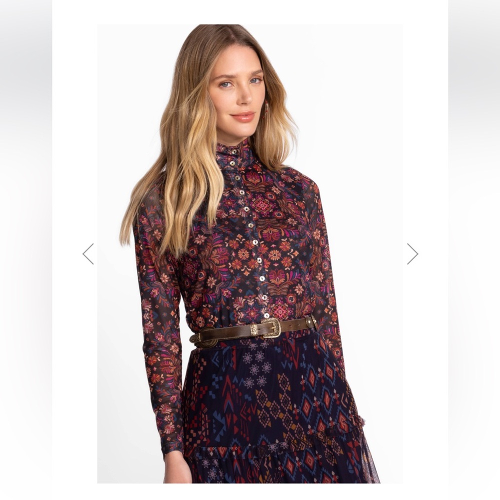 Johnny Was Mesh Button Up Mock Neck Top